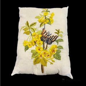 Vintage Crewel Handmade Throw Pillow Butterflies Flowers Retro 1970s Needlework